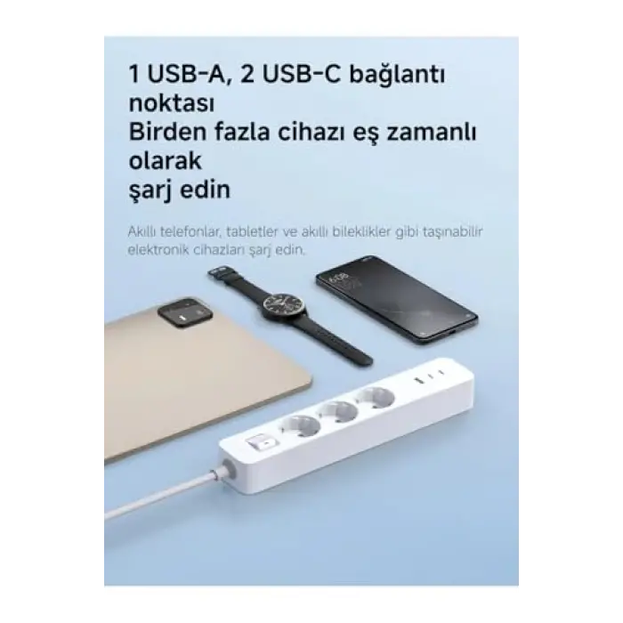 20W Power Strip 3lü Priz - 2× USB-C + 1× USB-A Hızlı Şarj