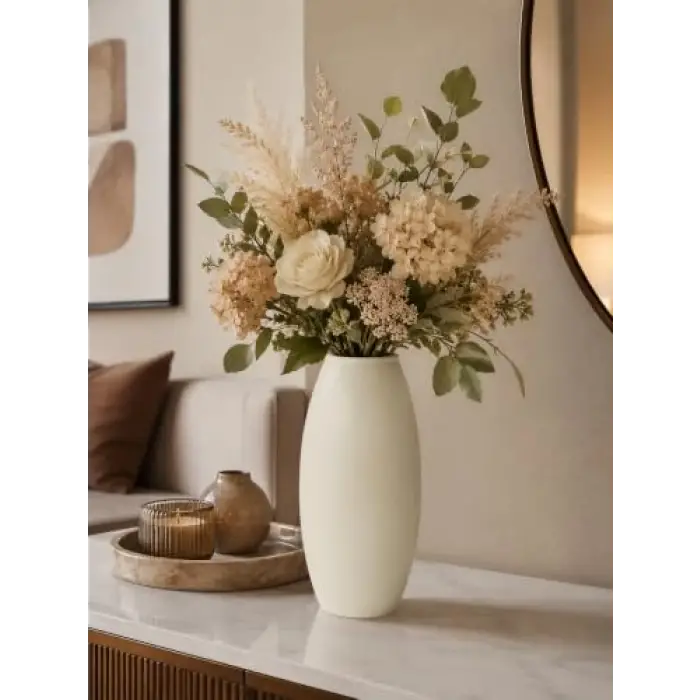 23 cm Oval Dekoratif Seramik Krem Vazo
