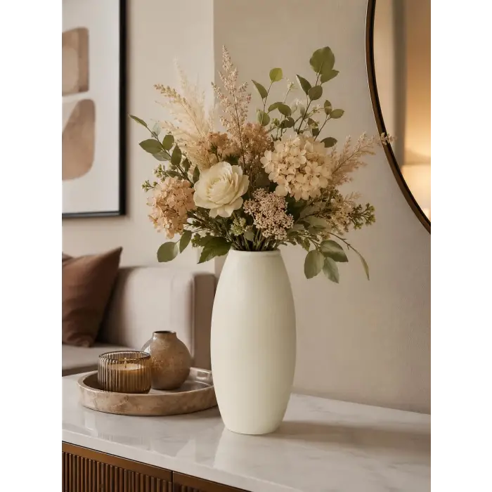 23 cm Oval Dekoratif Seramik Krem Vazo