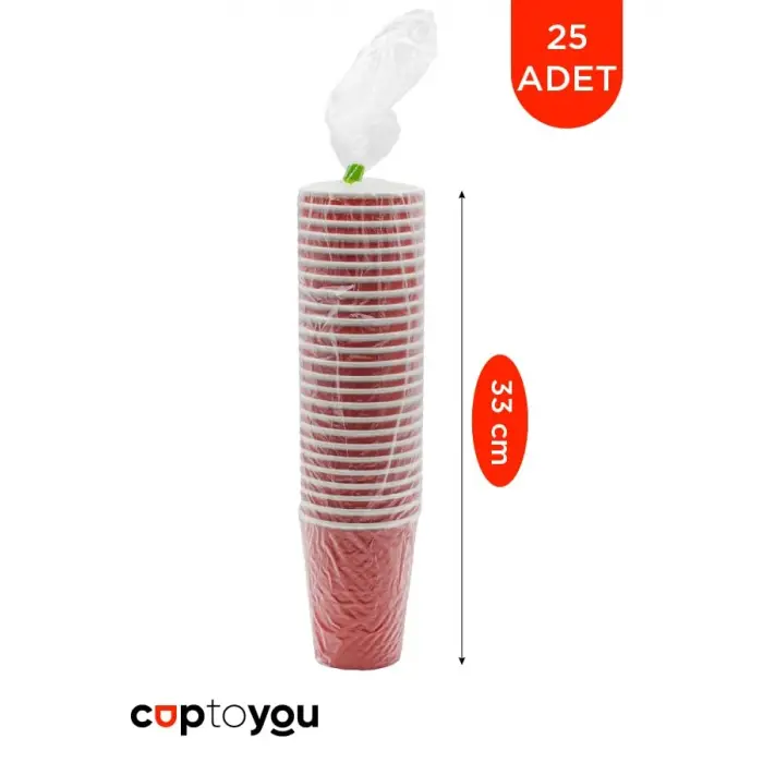 25 Adet Kırmızı Tek Kullanımlık Çift Duvarlı Karton Kağıt Bardak, 8 oz, 250 ml