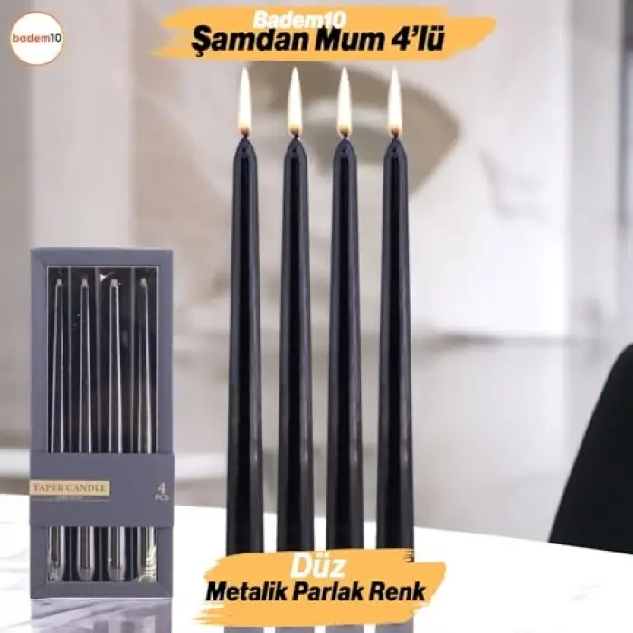 25 cm parlak siyah şamdan mumları, 4lü set, fitilli