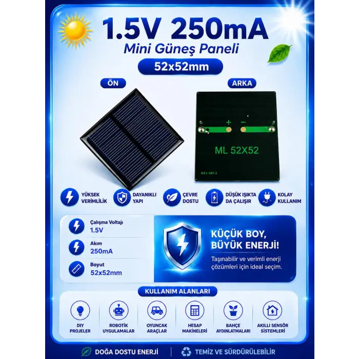 250mA Güneş Paneli - Solar Panel, 52x52 mm, 1.5V