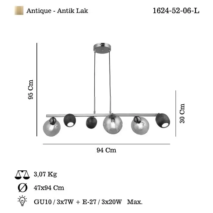 3+3 Sıralı Antik Lak Avize, 3xGU10+3xE27