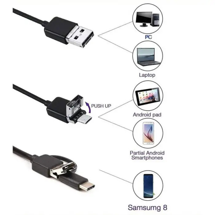 3 in 1 Endoskop Yılan Kamera, USB, Micro USB ve Type-C, 5M Sert Kablo