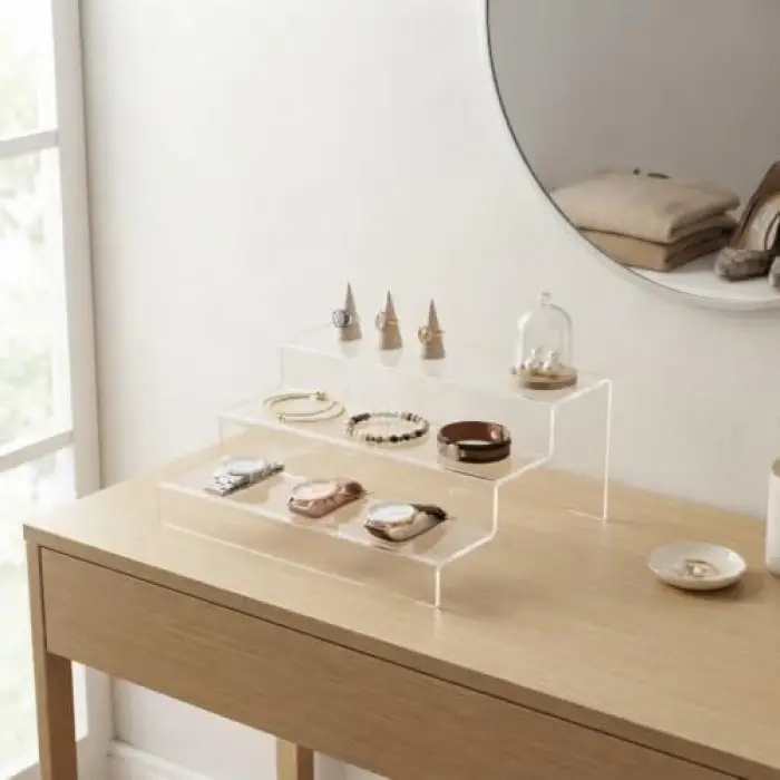 3 Katlı Pleksi Merdiven Stand (Şeffaf 30 cm), 3 Katlı
