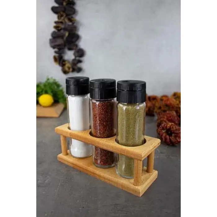 3lü Ahşap Standlı Baharatlık Seti