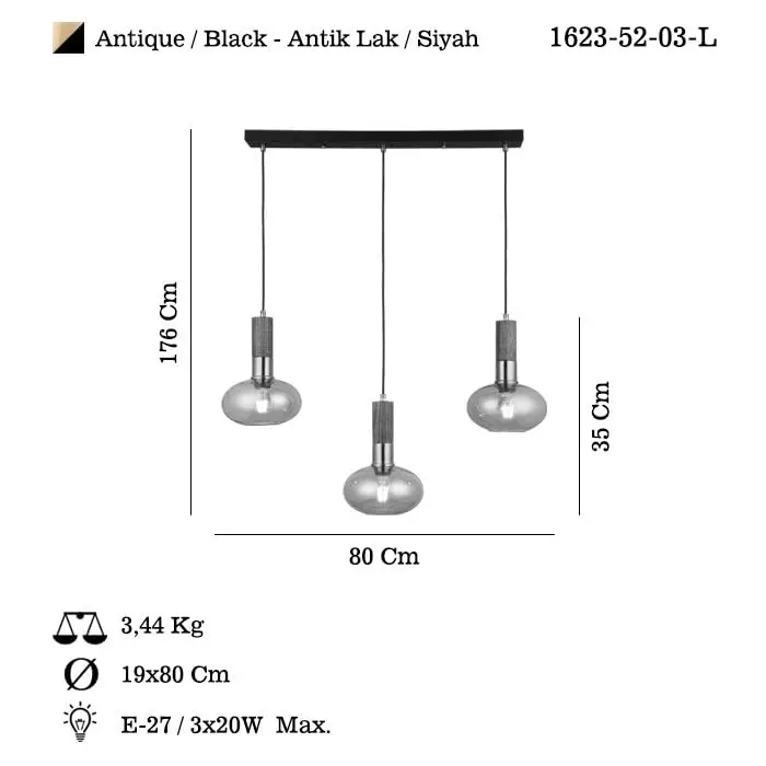 3lü Antik Lak Sıralı Avize, 3 X E27