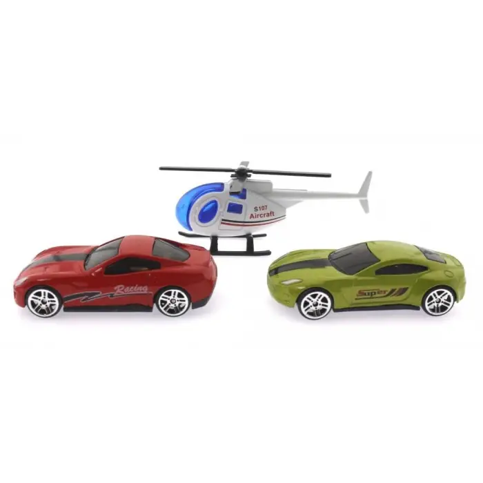 3lü Beyaz Helikopterli Metal Araçlar