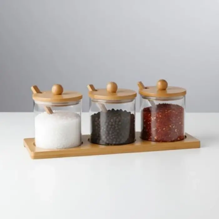 3lü Borosilikat Cam Baharatlık Seti, Bambu Standlı