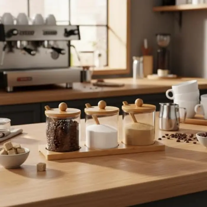 3lü Borosilikat Cam Baharatlık Seti, Bambu Standlı