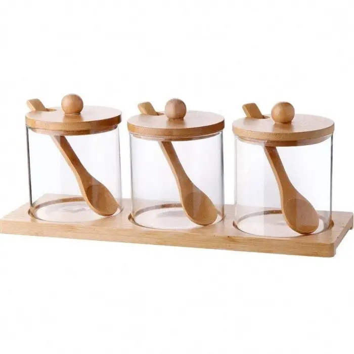 3lü Borosilikat Cam Baharatlık Seti, Bambu Standlı