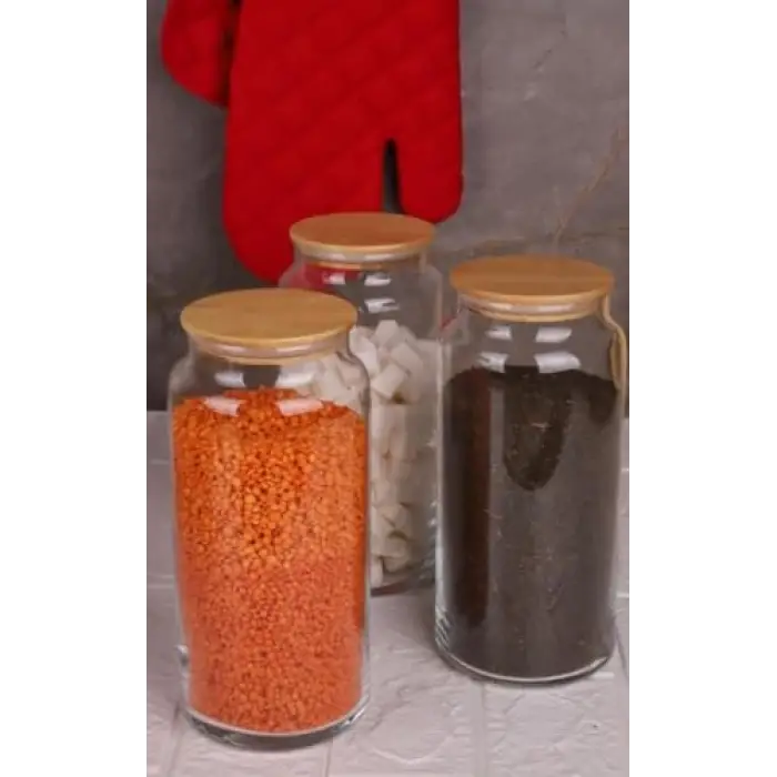 3lü Cam Saklama Kabı 1300 ml Vakumlu Bambu Kapaklı