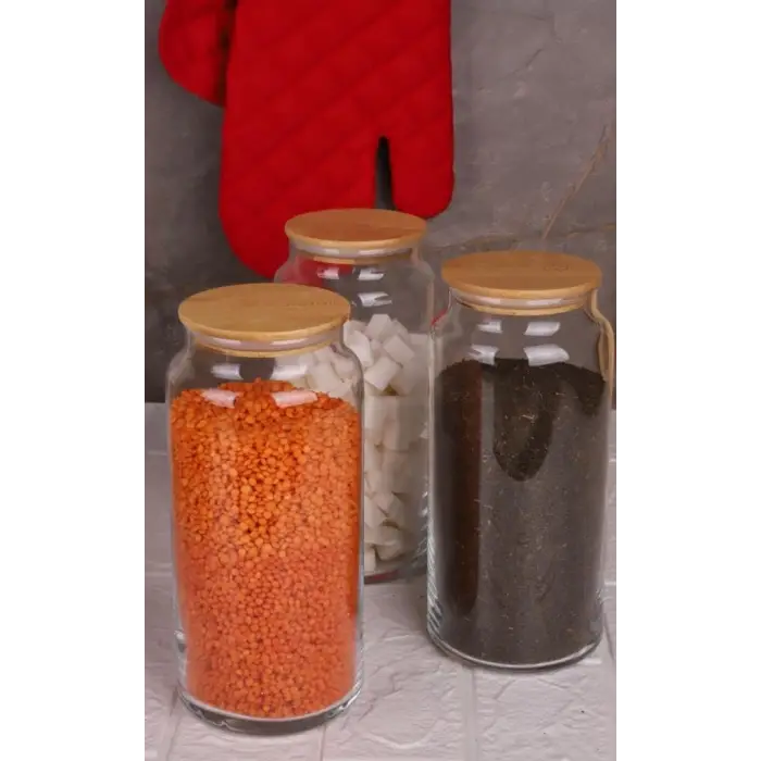 3lü Cam Saklama Kabı 1300 ml Vakumlu Bambu Kapaklı