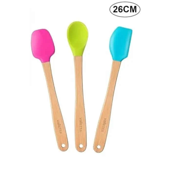 3lü Renkli Bambu Saplı, Silikon Uçlu Spatula Kaşık Seti