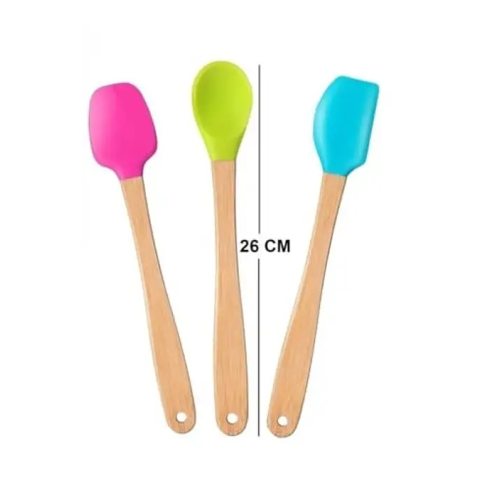 3lü Renkli Bambu Saplı, Silikon Uçlu Spatula Kaşık Seti