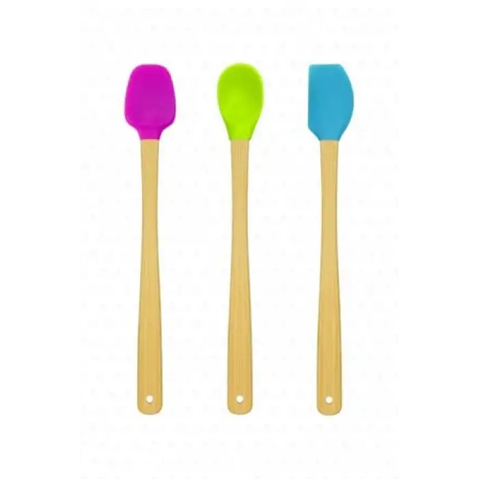 3lü Renkli Bambu Saplı, Silikon Uçlu Spatula Kaşık Seti