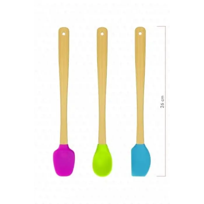 3lü Renkli Bambu Saplı, Silikon Uçlu Spatula Kaşık Seti