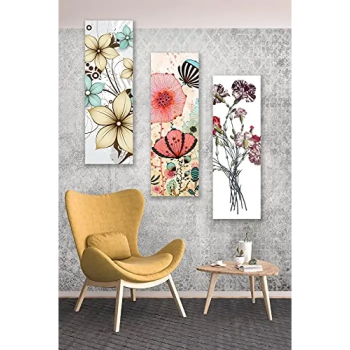 3 Parça Çizim Çiçekler Desenli MDF Duvar Tablosu