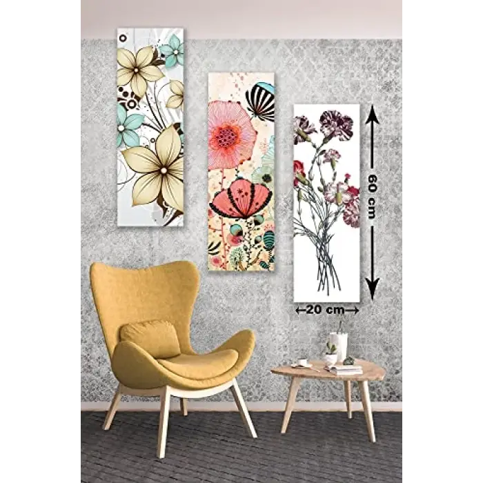 3 Parça Çizim Çiçekler Desenli MDF Duvar Tablosu