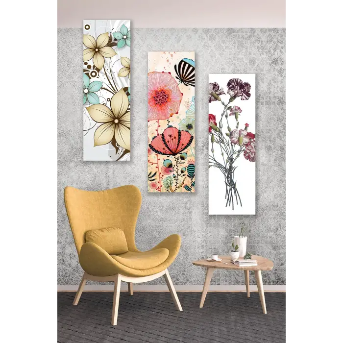 3 Parça Çizim Çiçekler Desenli MDF Duvar Tablosu
