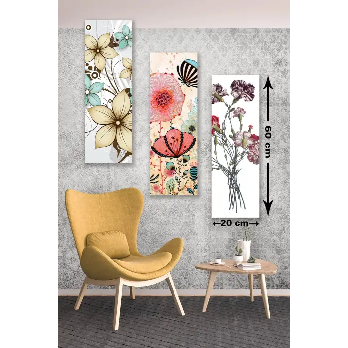 3 Parça Çizim Çiçekler Desenli MDF Duvar Tablosu