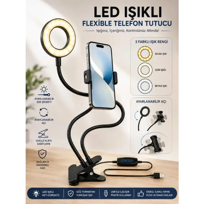 3ü 1 arada LED ring light seti; akrobat selfie ışığı ve masa lambası
