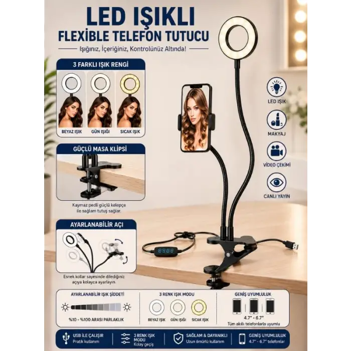 3ü 1 arada LED ring light seti; akrobat selfie ışığı ve masa lambası