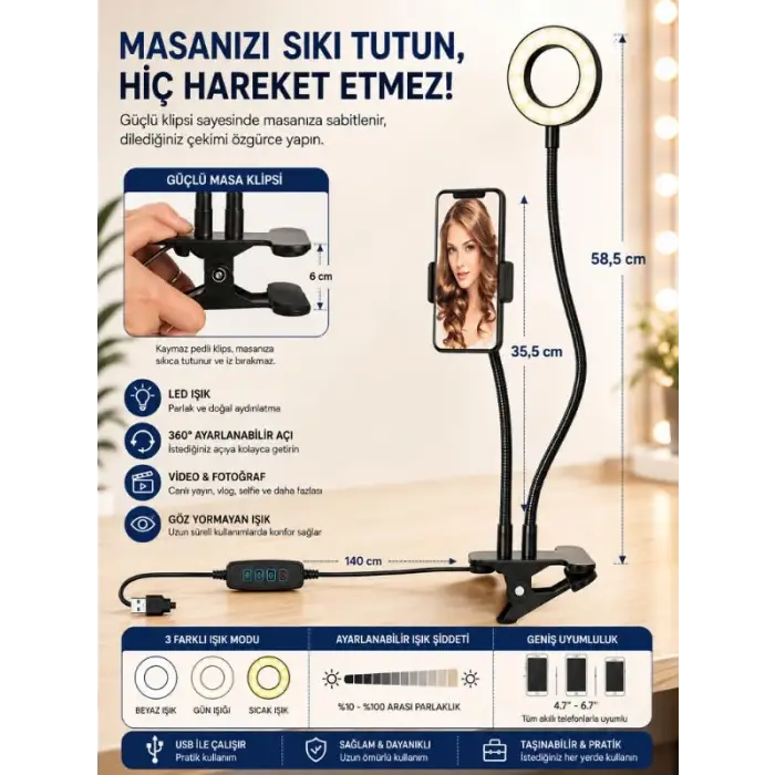 3ü 1 arada LED ring light seti; akrobat selfie ışığı ve masa lambası