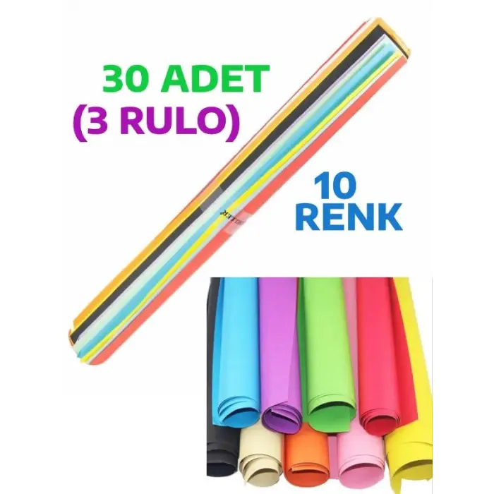 30 Adet 50x70 Cm Fon Kartonu, 10 Renk (3 Rulo)