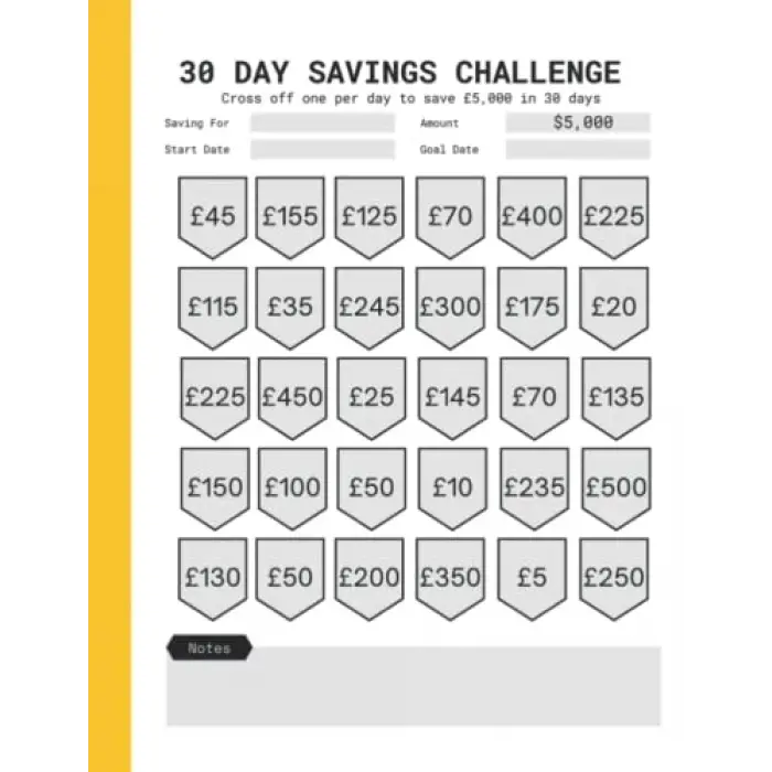 30 Day Money Challenge Tracker, £5k Savings Challenge, 5,000 Pounds Sterling