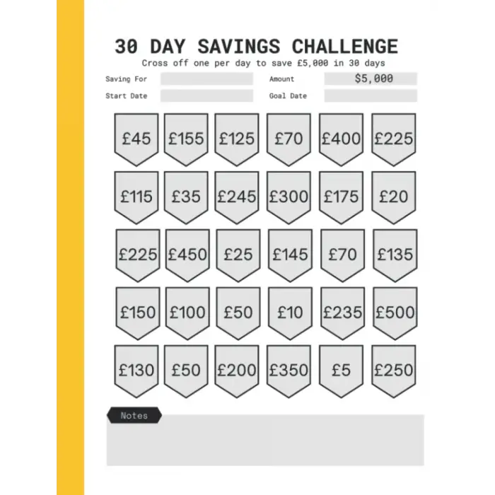 30 Day Money Challenge Tracker, £5k Savings Challenge, 5,000 Pounds Sterling
