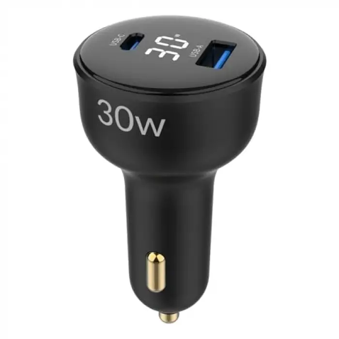 30W LED Ekranlı Type-C + USB-A Araç Şarj Aleti, iPhone, Android ve Tablet Uyumlu
