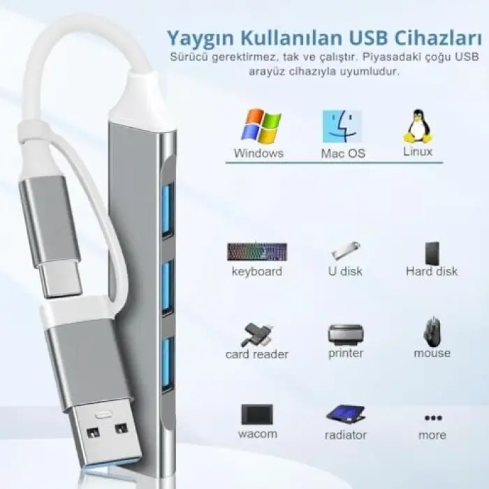 3360 USB 3.0 Type C Hub, 4 Port, 2si 1 Arada USB ve Type-C, USB Type-A ve USB Type-C, 5 Gbps