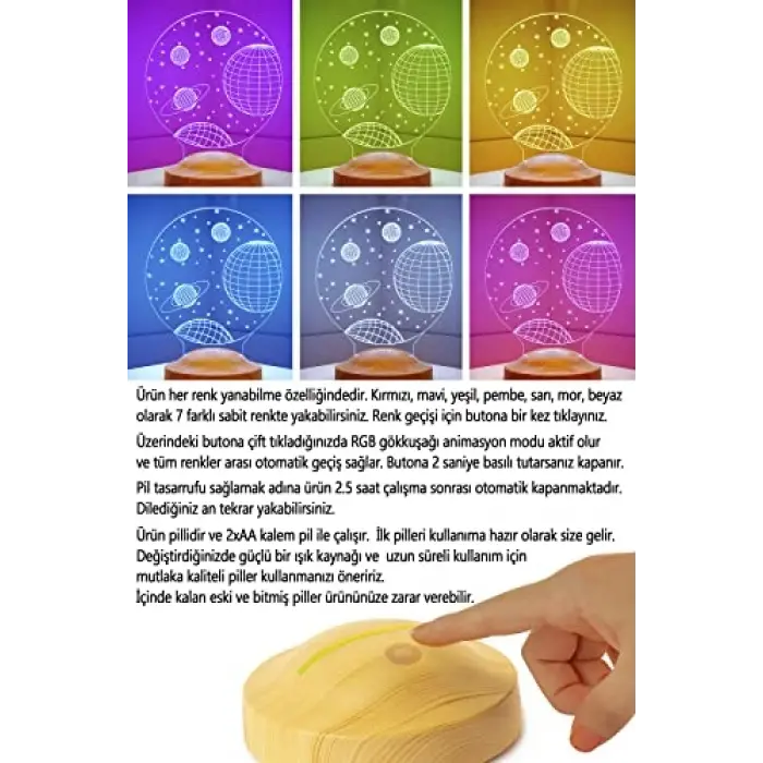 3D 3 Boyutlu Uzay Temalı LED Lamba