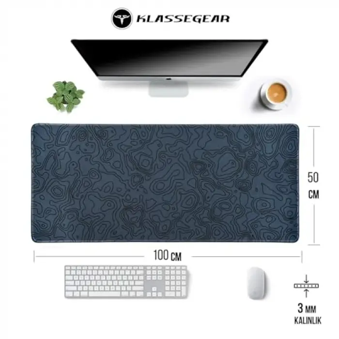 4 Farklı Model Dikişli Kenar 100x50 cm Oyuncu Mouse Pad (Dark Grey Map Lines)