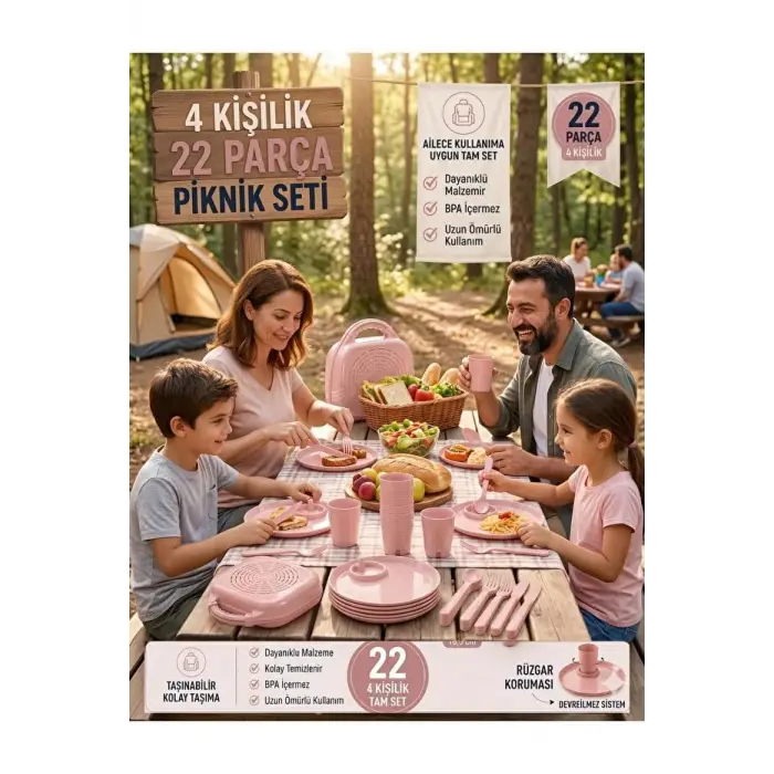 4 Kişilik 22 Parça Piknik Seti Pudra MRD473