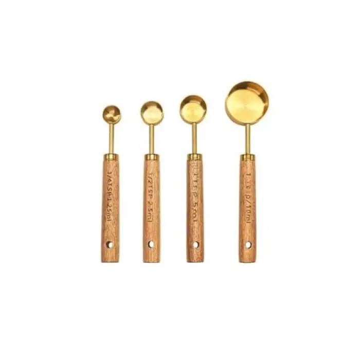 4 Parça Bambu Saplı Ölçü Kaşığı Seti, Gold Renk, Paslanmaz Çelik