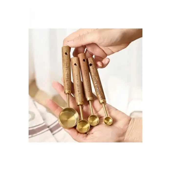 4 Parça Bambu Saplı Ölçü Kaşığı Seti, Gold Renk, Paslanmaz Çelik