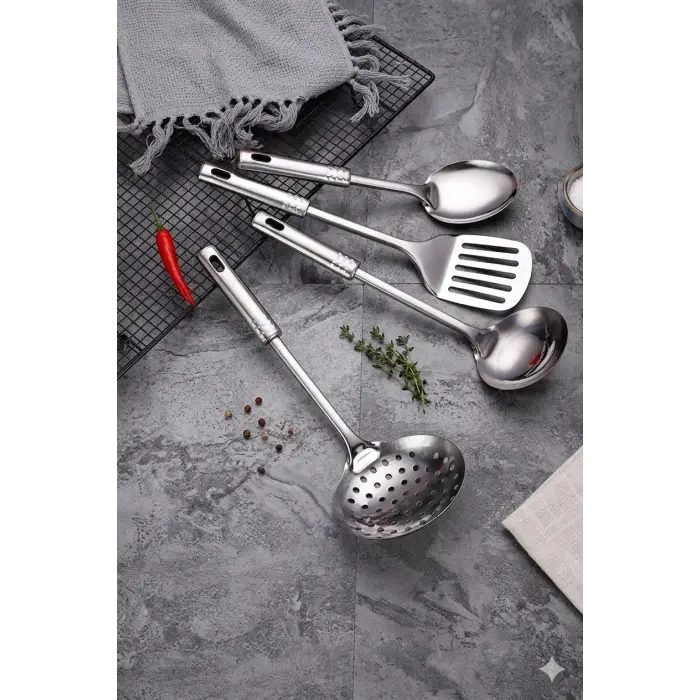 4 Parça Çelik Mutfak Servis Seti, Kepçe Kevgir Spatula Kaşık Takımı Çeyiz Seti, Mutfak Sofra Seti Ergonomik Saplı