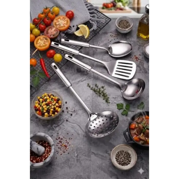 4 Parça Çelik Mutfak Servis Seti, Kepçe Kevgir Spatula Kaşık Takımı Çeyiz Seti, Mutfak Sofra Seti Ergonomik Saplı