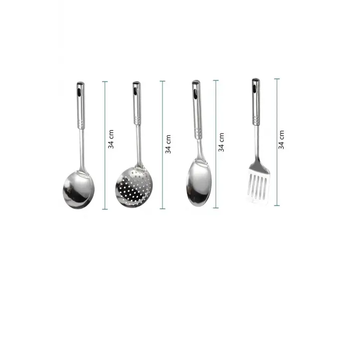 4 Parça Çelik Mutfak Servis Seti, Kepçe, Kevgir, Spatula ve Kaşık