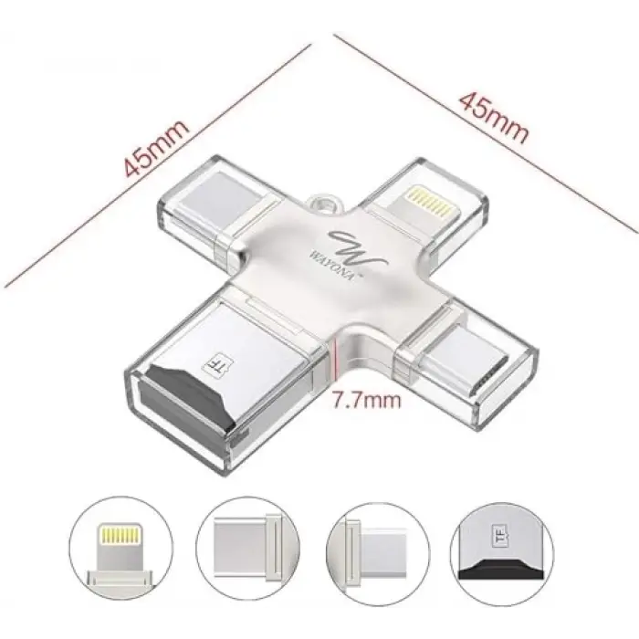 4ü 1 Arada OTG Kart Okuyucu, Lightning + Tip C + Micro USB + USB, Gümüş