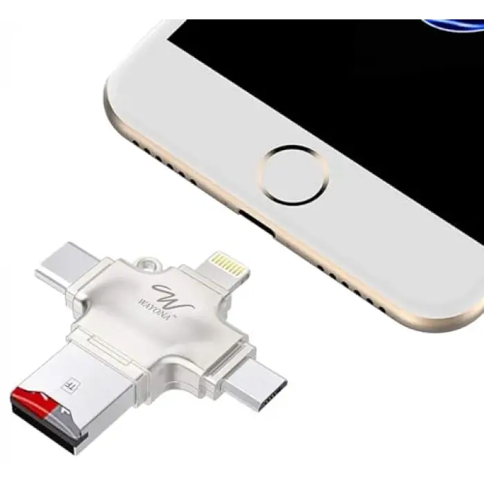 4ü 1 Arada OTG Kart Okuyucu, Lightning + Tip C + Micro USB + USB, Gümüş