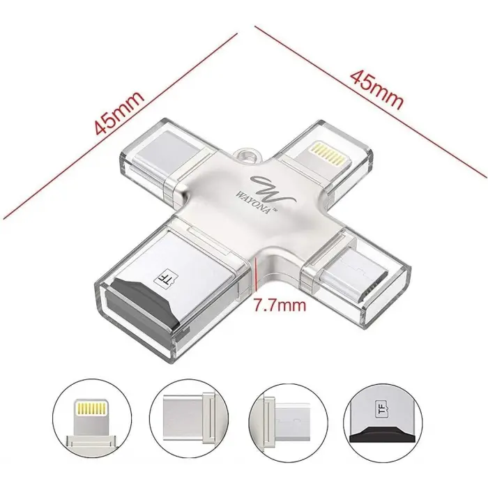 4ü 1 Arada OTG Kart Okuyucu, Lightning + Tip C + Micro USB + USB, Gümüş