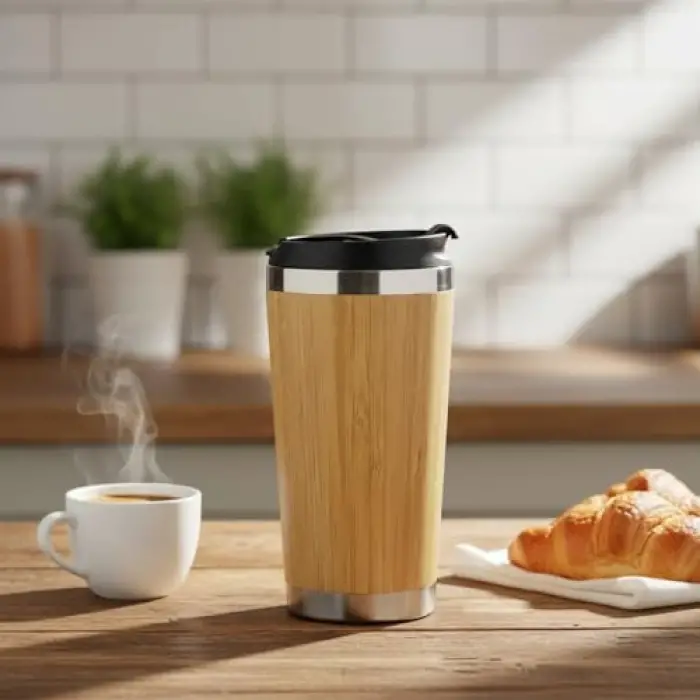 450 ml bambu kaplama tabanlı çelik termos bardak, gümüş renk