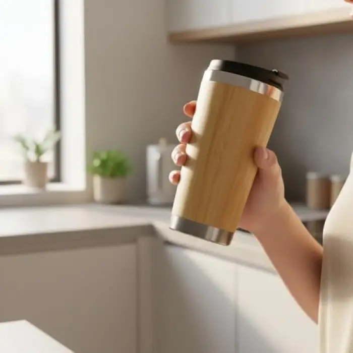 450 ml bambu kaplama tabanlı çelik termos bardak, gümüş renk