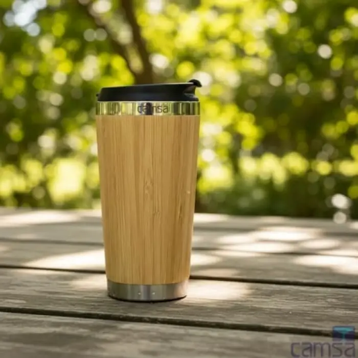 450 ml bambu kaplama tabanlı çelik termos bardak, gümüş renk