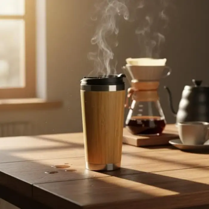 450 ml bambu kaplama tabanlı çelik termos bardak, gümüş renk
