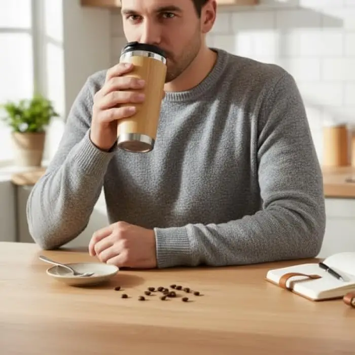 450 ml bambu kaplama tabanlı çelik termos bardak, gümüş renk