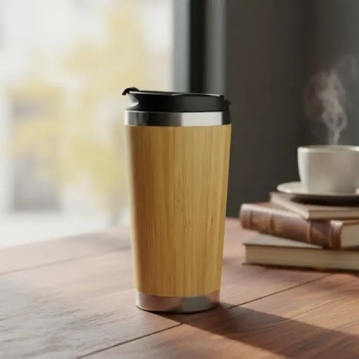 450 ml bambu kaplama tabanlı çelik termos bardak, gümüş renk